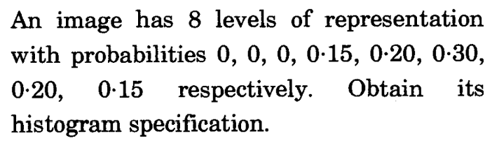 An image has 8 levels of representation
with probabilities 0, 0, 0, 0-15, 0-20, 0-30,
0-20, 0-15 respectively.
histogram specification.
Obtain
its
