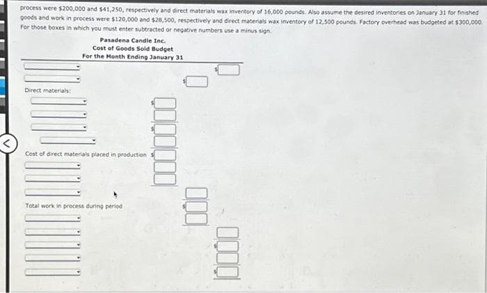 process were $200,000 and $41,250, respectively and direct materials wax inventory of 16,000 pounds. Also assume the desired inventories on January 31 for finished
goods and work in process were $120,000 and $28,500, respectively and direct materials wax inventory of 12,500 pounds. Factory overhead was budgeted at $300,000.
For those boxes in which you must enter subtracted or negative numbers use a minus sign.
Direct materials:
Pasadena Candle Inc.
Cost of Goods Sold Budget
For the Month Ending January 31
Cost of direct materials placed in production
Total work in process during period
QQ⁰0⁰
000
edd