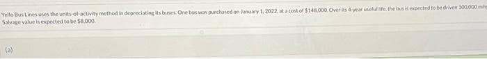 Yello Bus Lines uses the units-of-activity method in depreciating its buses. One bus was purchased on January 1, 2022, at a cost of $148.000. Over its 4-year useful life. the bus is expected to be driven 100.000 miles
Salvage value is expected to be $8.000.
(a)