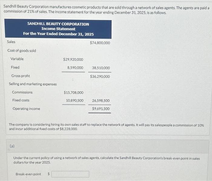 Sandhill Beauty Corporation manufactures cosmetic products that are sold through a network of sales agents. The agents are paid a
commission of 21% of sales. The income statement for the year ending December 31, 2025, is as follows.
SANDHILL BEAUTY CORPORATION
Income Statement
For the Year Ended December 31, 2025
Sales
Cost of goods sold
Variable
Fixed
Gross profit
Selling and marketing expenses
Commissions
Fixed costs
Operating income
(a)
$29,920,000
8,590,000
Break-even point
$15,708,000
$
10,890,500
$74,800,000
The company is considering hiring its own sales staff to replace the network of agents. It will pay its salespeople a commission of 10%
and Incur additional fixed costs of $8,228,000.
38,510,000
$36,290,000
26,598,500
$9,691.500
Under the current policy of using a network of sales agents, calculate the Sandhill Beauty Corporation's break-even point in sales.
dollars for the year 2025.