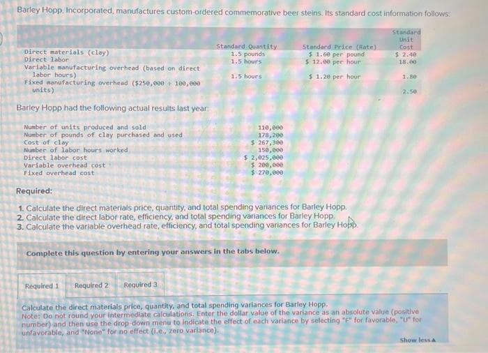 Barley Hopp, Incorporated, manufactures custom-ordered commemorative beer steins. Its standard cost information follows:
Standard
Unit
Cost
$ 2.40
18.00
Direct materials (clay);
Direct labor
Variable manufacturing overhead (based on direct
labor hours)
Fixed manufacturing overhead ($250,000+ 100,000
units)
Barley Hopp had the following actual results last year:
Number of units produced and sold
Number of pounds of clay purchased and used
Cost of clay
Number of labor hours worked
Direct labor cost.
Variable overhead cost
Fixed overhead cost
Standard Quantity
1.5 pounds
1.5 hours
1.5 hours
110,000
178,200
$ 267,300
150,000
$ 2,025,000
$ 200,000
$ 270,000
Standard Price (Rate).
$ 1.60 per pound
$ 12.00 per hour
$ 1.20 per hour
Required:
1. Calculate the direct materials price, quantity, and total spending variances for Barley Hopp.
2. Calculate the direct labor rate, efficiency, and total spending variances for Barley Hopp.
3. Calculate the variable overhead rate, efficiency, and total spending variances for Barley Hopp.
Complete this question by entering your answers in the tabs below.
1.80
2.50
Required 1
Required 2 Required 3
Calculate the direct materials price, quantity, and total spending variances for Barley Hopp.
Note: Do not round your intermediate calculations. Enter the dollar value of the variance as an absolute value (positive
number) and then use the drop-down menu to indicate the effect of each variance by selecting "F" for favorable, "U" for
unfavorable, and "None" for no effect (i.e, zero variance).
Show less A