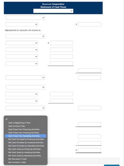 Shamrock Corporation
Statement of Cash Flows
Adjustments to reconcile net income to
Cash at Beginning of Year
Cash at End of Year
Cash Flows from Financing Activities
Cash Flows from Investing Activities
Cash Flows from Operating Activities
Net Cash Provided by Financing Activities
Net Cash Provided by Investing Activities
Net Cash Provided by Operating Activities
Net Cash Used by Financing Activities
Net Cash Used Investa Activities
Net Cash Used by Operating Activities
Net Decrease in Cash
Net Increase in Cash
DOO