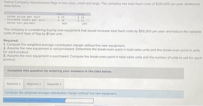 Patriot Company manufactures flags in two sizes, small and large. The company has total fixed costs of $261,000 per year. Additional
data follow.
Sales price per unit
Variable costs per unit
Sales mix percent
Small
$ 25
$ 16
80%
Large
$ 35
$21
20€
The company is considering buying new equipment that would increase total fixed costs by $50,300 per year and reduce the variable
costs of each type of flag by $1 per unit.
Required:
1. Compute the weighted-average contribution margin without the new equipment.
2. Assume the new equipment is not purchased. Determine the break-even point in total sales units and the break-even point in units
for each product.
3. Assume the new equipment is purchased. Compute the break-even point in total sales units and the number of units to sell for each
product.
Complete this question by entering your answers in the tabs below.
Required 1 Required 2 Required 3
Compute the weighted-average contribution margin without the new equipment.
Weighted-average contribution margin