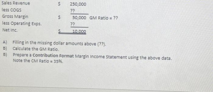 Sales Revenue
less COGS
Gross Margin
less Operating Exps.
Net Inc.
S
$
250,000
??
50,000 GM Ratio = ??
??
10.000
A) Filling in the missing dollar amounts above (??).
B)
Calculate the GM Ratio.
B)
Prepare a Contribution Format Margin Income Statement using the above data.
Note the CM Ratio = 35%.