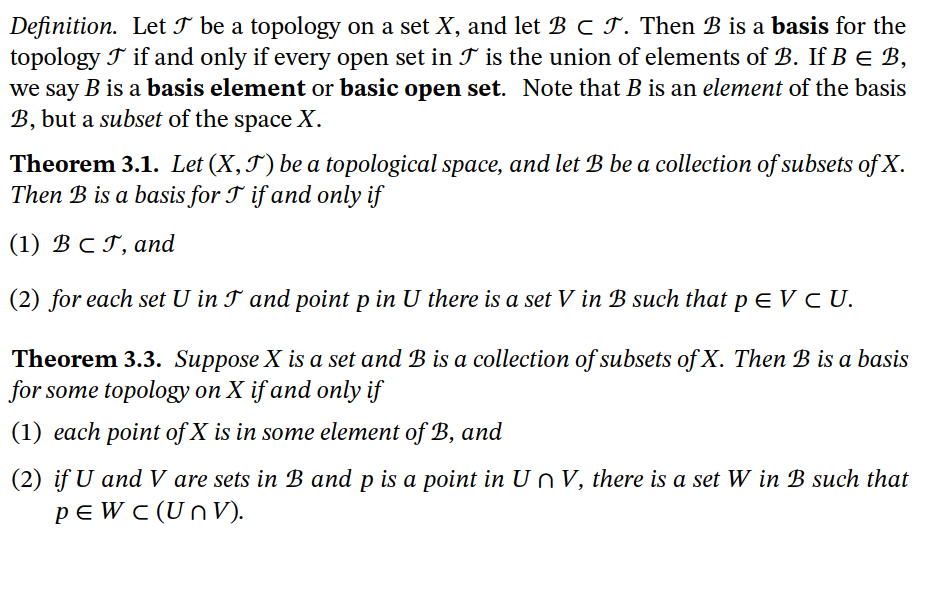 Definition. Let I be a topology on a set X, and let B C J. Then B is a basis for the
topology T if and only if every open set in T is the union of elements of B. If B E B,
we say B is a basis element or basic open set. Note that B is an element of the basis
B, but a subset of the space X.
Theorem 3.1. Let (X,J) be a topological space, and let B be a collection of subsets of X.
Then B is a basis for T if and only if
(1) В С Т, апd
(2) for each set U in T and point p in U there is a set V in B such that p E V C U.
Theorem 3.3. Suppose X is a set and B is a collection of subsets of X. Then B is a basis
for some topology on X if and only if
(1) each point of X is in some element of B, and
(2) if U and V are sets in B and p is a point in U n V, there is a set W in B such that
peW C (Un V).
