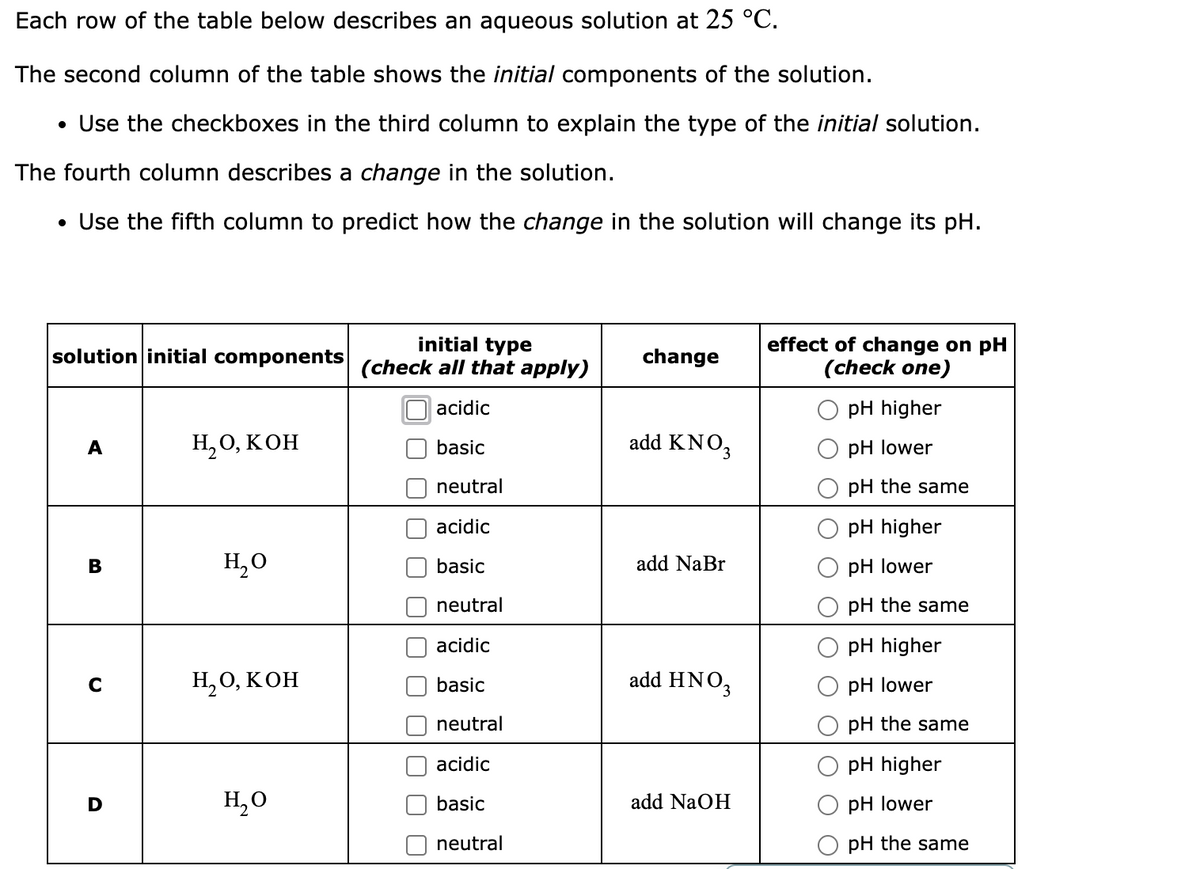 Each row of the table below describes an aqueous solution at 25 °C.
The second column of the table shows the initial components of the solution.
• Use the checkboxes in the third column to explain the type of the initial solution.
The fourth column describes a change in the solution.
• Use the fifth column to predict how the change in the solution will change its pH.
solution initial components
A
B
C
H₂O, KOH
H₂O
H₂O, KOH
H₂O
initial type
(check all that apply)
acidic
basic
neutral
acidic
basic
neutral
acidic
basic
neutral
acidic
basic
neutral
change
add KNO3
add NaBr
add HNO3
add NaOH
effect of change on pH
(check one)
pH higher
pH lower
pH the same
pH higher
pH lower
pH the same
pH higher
O pH lower
pH the same
pH higher
pH lower
pH the same