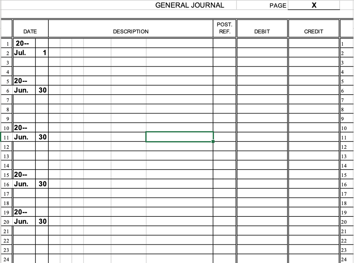 GENERAL JOURNAL
PAGE
POST.
DATE
DESCRIPTION
REF.
DEBIT
CREDIT
1
20--
1
2 Jul.
2
3
4
4
5 20--
15
6 Jun.
30
6
7
8
8
9
9
10 20--
10
11 Jun.
30
11
12
12
13
13
14
14
15 20--
15
16 Jun.
30
16
17
17
18
18
19 20--
19
20 Jun.
30
20
21
21
22
22
23
23
24
24
