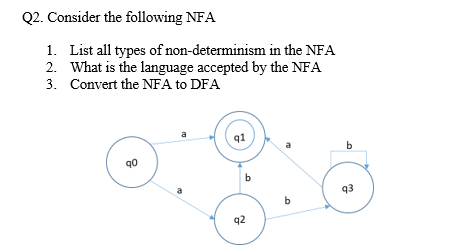 Q2. Consider the following NFA
1. List all types of non-determinism in the NFA
2. What is the language accepted by the NFA
3. Convert the NFA to DFA
a
q1
q0
b
a
93
b
92
