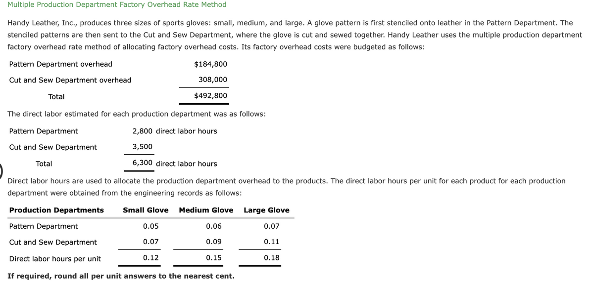 Multiple Production Department Factory Overhead Rate Method
Handy Leather, Inc., produces three sizes of sports gloves: small, medium, and large. A glove pattern is first stenciled onto leather in the Pattern Department. The
stenciled patterns are then sent to the Cut and Sew Department, where the glove is cut and sewed together. Handy Leather uses the multiple production department
factory overhead rate method of allocating factory overhead costs. Its factory overhead costs were budgeted as follows:
Pattern Department overhead
$184,800
Cut and Sew Department overhead
308,000
Total
$492,800
The direct labor estimated for each production department was as follows:
Pattern Department
2,800 direct labor hours
Cut and Sew Department
3,500
Total
6,300 direct labor hours
Direct labor hours are used to allocate the production department overhead to the products. The direct labor hours per unit for each product for each production
department were obtained from the engineering records as follows:
Production Departments
Small Glove
Medium Glove
Large Glove
Pattern Department
0.05
0.06
0.07
Cut and Sew Department
0.07
0.09
0.11
Direct labor hours per unit
0.12
0.15
0.18
If required, round all per unit answers to the nearest cent.
