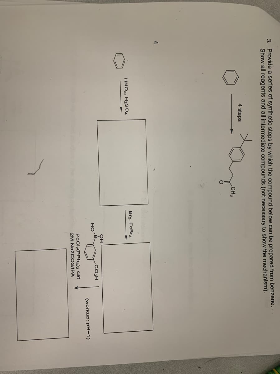 3. Provide a series of synthetic steps by which the compound below can be prepared from benzene.
Show all reagents and all intermediate compounds (not necessary to show the mechanism).
4.
4 steps
HNO3, H₂SO4
CH3
Br₂, FeBr3
HO
OH
B
CO₂H
PdCl2(PPH3)2 cat
2M Na2CO3/IPA
(workup: pH-1)