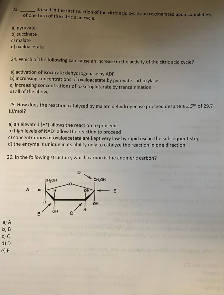 T
23.
a) pyruvate
b) succinate
c) malate
d) oxaloacetate
24. Which of the following can cause an increase in the activity of the citric acid cycle?
a) activation of isocitrate dehydrogenase by ADP
b) increasing concentrations of oxaloacetate by pyruvate carboxylase
c) increasing concentrations of a-ketoglutarate by transamination
d) all of the above
a) A
b) B
c) C
is used in the first reaction of the citric acid cycle and regenerated upon completion
of one turn of the citric acid cycle.
25. How does the reaction catalyzed by malate dehydrogenase proceed despite a 4Gº of 29.7
kJ/mol?
a) an elevated [H*] allows the reaction to proceed
b) high levels of NAD+ allow the reaction to proceed
c) concentrations of oxaloacetate are kept very low by rapid use in the subsequent step
d) the enzyme is unique in its ability only to catalyze the reaction in one direction
26. In the following structure, which carbon is the anomeric carbon?
d) D
e) E
A
B
CH₂OH
H
H
OH
OH
CH₂OH
OH
E
a sievuryq,shzum Issoleda ni analiboo idosons 15bnU SE
00 bas lonsris