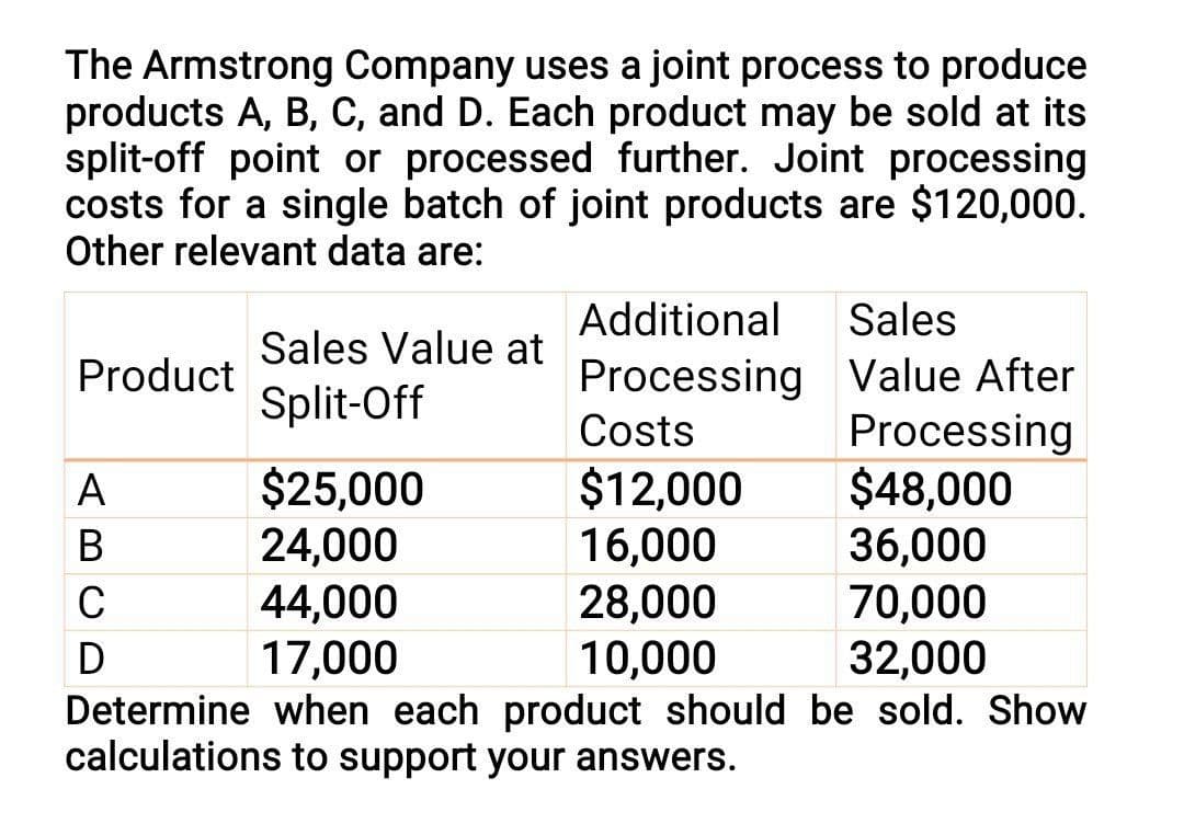 The Armstrong Company uses a joint process to produce
products A, B, C, and D. Each product may be sold at its
split-off point or processed further. Joint processing
costs for a single batch of joint products are $120,000.
Other relevant data are:
Additional
Sales
Sales Value at
Product
Processing
Value After
Split-Off
Costs
Processing
A
$25,000
$12,000
$48,000
B
24,000
16,000
36,000
C
44,000
28,000
70,000
D
17,000
10,000
32,000
Determine when each product should be sold. Show
calculations to support your answers.