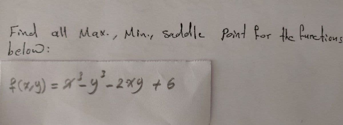 Find all Max., Min., saddle point for the functions
below:
f(x,y) = x²y²-2x9 +6