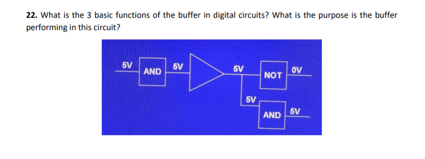 22. What is the 3 basic functions of the buffer in digital circuits? What is the purpose is the buffer
performing in this circuit?
5V
5V
5V
OV
NOT
AND
5V
5V
AND
