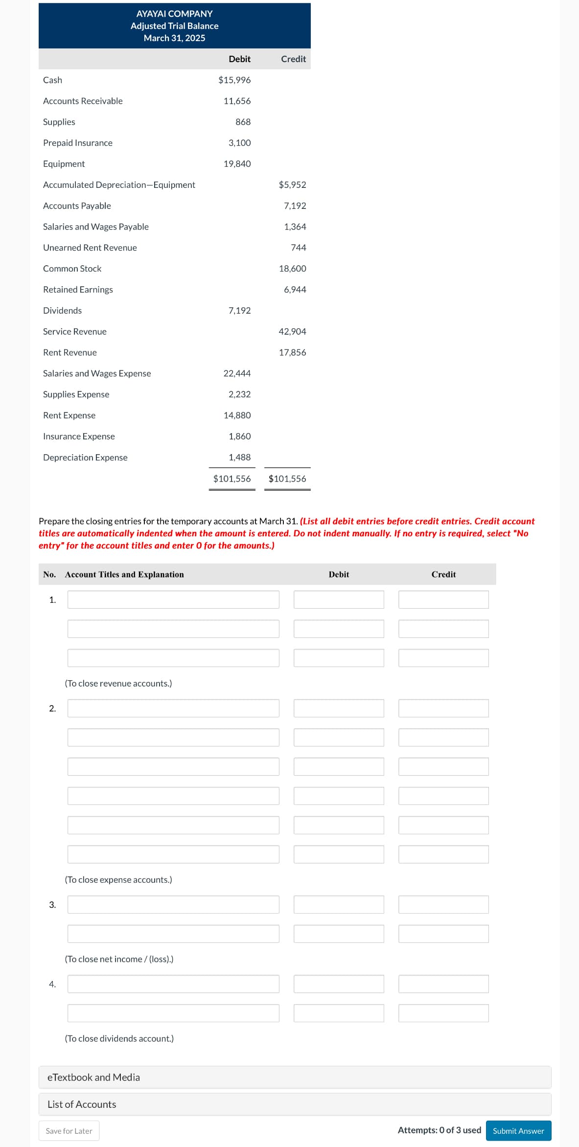 AYAYAI COMPANY
Adjusted Trial Balance
March 31, 2025
Debit
Credit
Cash
Accounts Receivable
$15,996
11,656
Supplies
Prepaid Insurance
Equipment
868
3,100
19,840
Accumulated Depreciation-Equipment
Accounts Payable
Salaries and Wages Payable
Unearned Rent Revenue
Common Stock
Retained Earnings
Dividends
$5,952
7,192
1,364
744
18,600
6,944
7,192
Service Revenue
42,904
Rent Revenue
17,856
Salaries and Wages Expense
22,444
Supplies Expense
2,232
Rent Expense
14,880
Insurance Expense
1,860
Depreciation Expense
1,488
$101,556
$101,556
Prepare the closing entries for the temporary accounts at March 31. (List all debit entries before credit entries. Credit account
titles are automatically indented when the amount is entered. Do not indent manually. If no entry is required, select "No
entry" for the account titles and enter 0 for the amounts.)
No. Account Titles and Explanation
1.
2.
3.
(To close revenue accounts.)
(To close expense accounts.)
4.
(To close net income/(loss).)
(To close dividends account.)
eTextbook and Media
List of Accounts
Save for Later
Debit
Credit
Attempts: 0 of 3 used Submit Answer