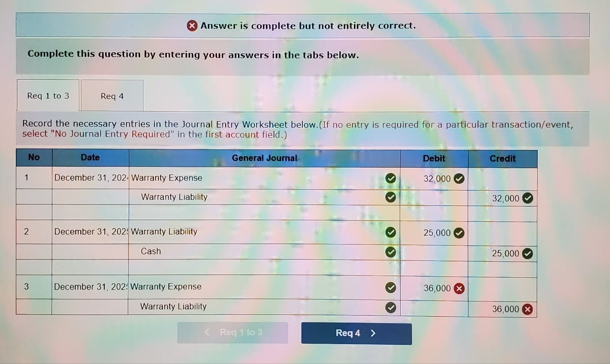 Complete this question by entering your answers in the tabs below.
Req 1 to 3.
No
Record the necessary entries in the Journal Entry Worksheet below. (If no entry is required for a particular transaction/event,
select "No Journal Entry Required" in the first account field.)
1
2
3
Req 4
Date
Answer is complete but not entirely correct.
December 31, 2024 Warranty Expense
Warranty Liability
December 31, 202 Warranty Liability
Cash
December 31, 202 Warranty Expense
Warranty Liability
General Journal
< Req 1 to 3
Req 4 >
33
>
> >
Debit
32,000
25,000
>
36,000 X
Credit
32,000
25,000
36,000 X