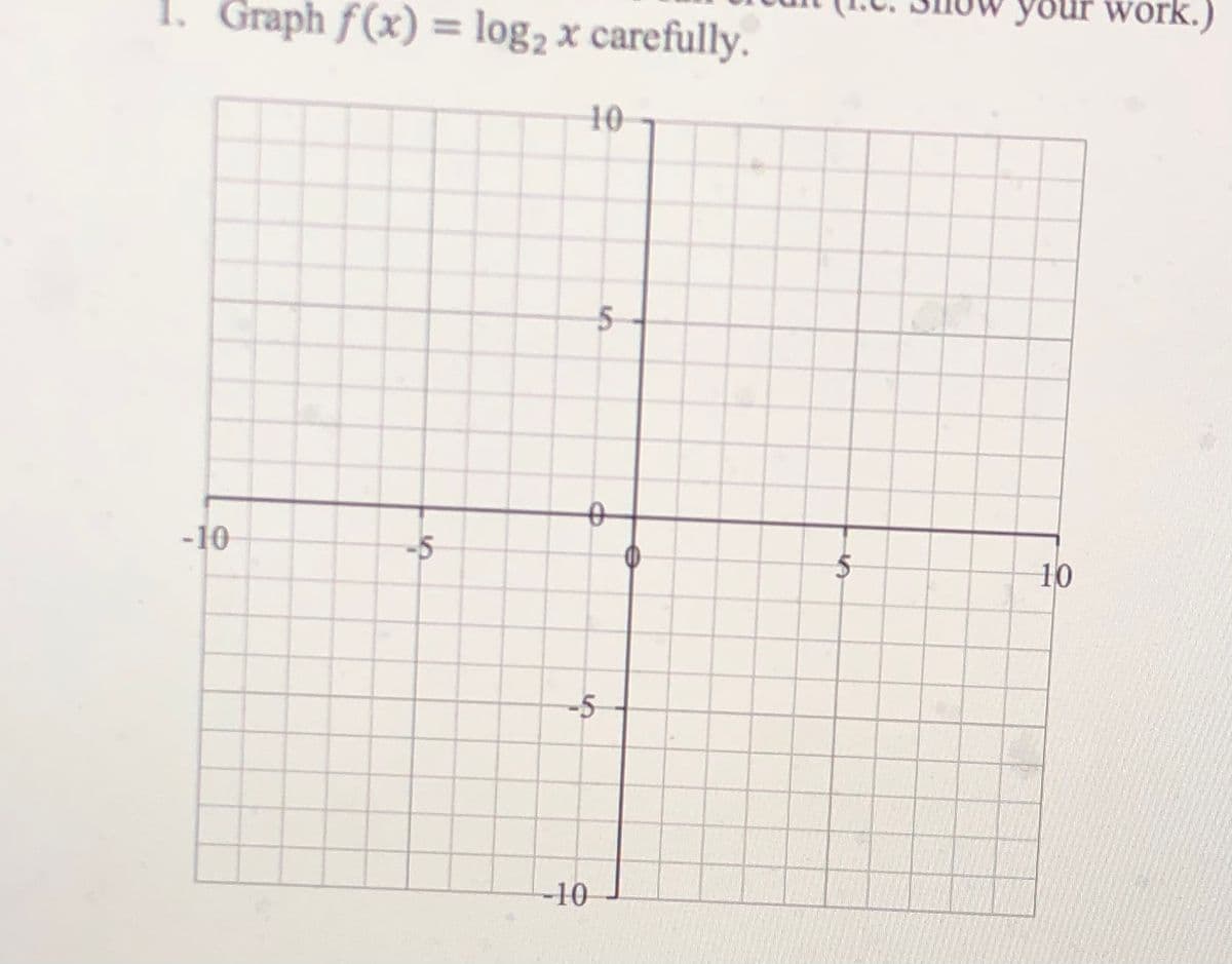 1. Graph f(x) = log2 × carefully.
your work.)
%3D
10
-10
-5
10
-5-
-10
