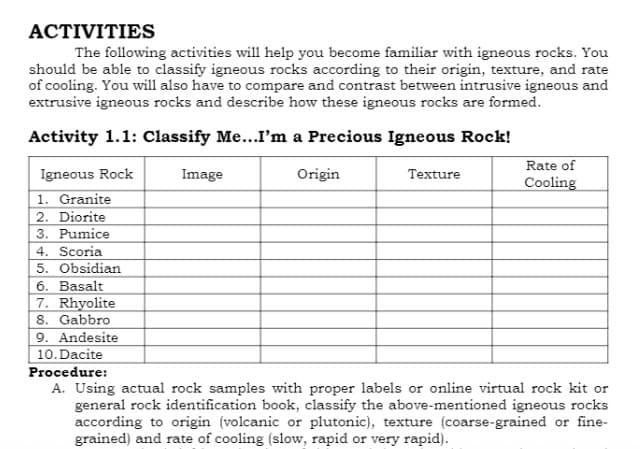 ACTIVITIES
The following activities will help you become familiar with igneous rocks. You
should be able to classify igneous rocks according to their origin, texture, and rate
of cooling. You will also have to compare and contrast between intrusive igneous and
extrusive igneous rocks and describe how these igneous rocks are formed.
Activity 1.1: Classify Me...I'm a Precious Igneous Rock!
Rate of
Igneous Rock
Image
Origin
Texture
Cooling
1. Granite
2. Diorite
3. Pumice
4. Scoria
5. Obsidian
6. Basalt
7. Rhyolite
8. Gabbro
9. Andesite
10.Dacite
Procedure:
A. Using actual rock samples with proper labels or online virtual rock kit or
general rock identification book, classify the above-mentioned igneous rocks
according to origin (volcanic or plutonic), texture (coarse-grained or fine-
grained) and rate of cooling (slow, rapid or very rapid).
