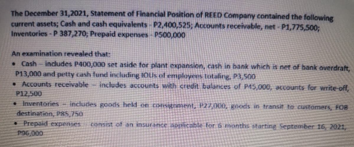 The December 31,2021, Statement of Financial Position of REED Company contained the following
current assets; Cash and cash equivalents- P2,400,525; Accounts receivable, net P1,775,500;
Inventories - P 387,270; Prepaid expenses-P500,000
An examination revealed that-
•Cash includes P400,000 set aside for plant expansion, cash in bank which is net of bank overdraft,
P13,000 and pitty cash fund including 1OUS of employens totaling, P1,500
• Accounts receivable
P12,500
includes accounts with credit balances of P45,000, aCcounts for write-off,
•Inventories -
includes goods held on Consignment, P27,000, goods in transit to customers, FOB
destination, P85,750
• Prepaid cxpenses
consist of an insurance oplicable for 5 months starting September 16, 2021,
