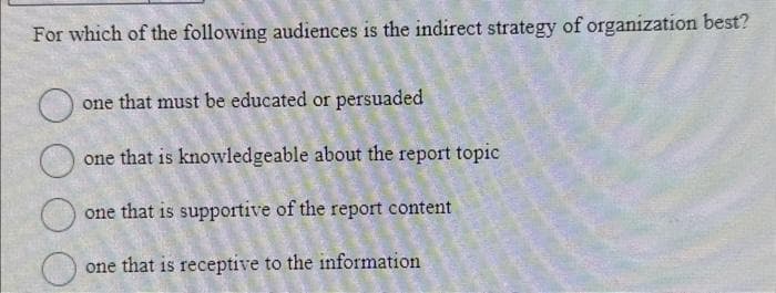 For which of the following audiences is the indirect strategy of organization best?
DOO
one that must be educated or persuaded
one that is knowledgeable about the report topic
one that is supportive of the report content
one that is receptive to the information