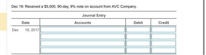 Dec 19: Received a $5,000, 90-day, 9% note on account from AVC Company.
Journal Entry
Date
Dec 19, 2017
Accounts
Debit
Credit