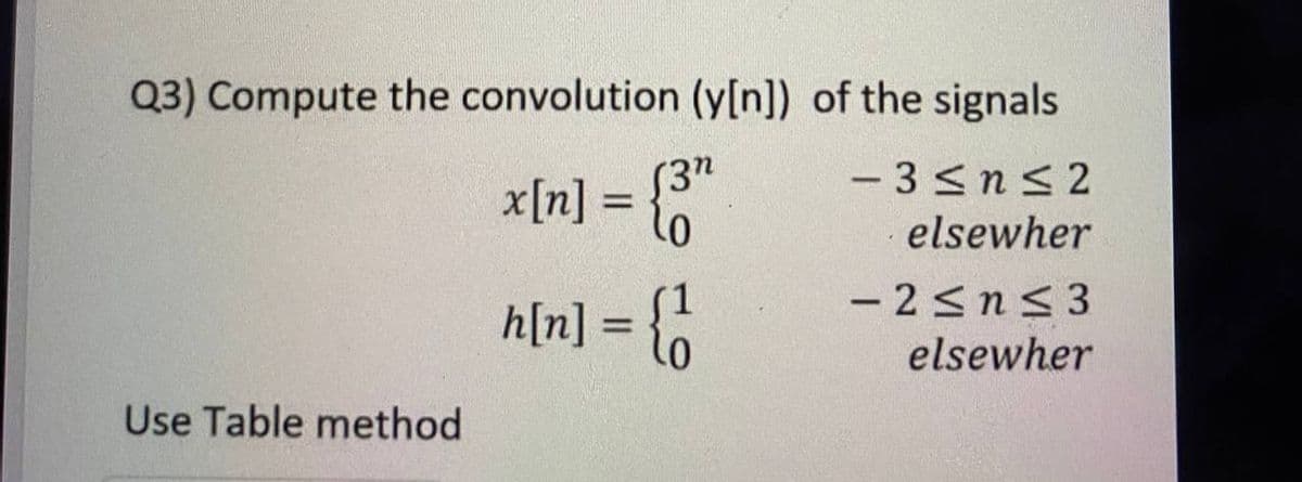 Q3) Compute the convolution (y[n]) of the signals
x[n] = {/
(3"
- 3 <n< 2
%3D
elsewher
- 2<ns3
h[n] = {0
%3D
elsewher
Use Table method
