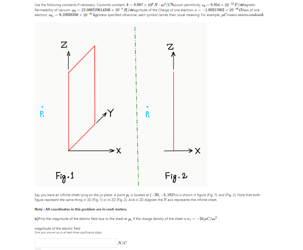 - 8.854 x 10-12 F/Thlagnetic
Use the following constants if necessary. Coulomb constant, k = 8.987 x 10° N · m?/C%acuum permitivity, en
Permeability of vacuum, Ho = 12.566370614356 x 10-7 H/rlagnitude of the Charge of one electron, e = -1.60217662 x 10-19 CMass of one
electron, me = 9.10938356 x 10 31 kgUnless specified otherwise, each symbol carries their usual meaning. For example, µCmeans micro coulomb
Fig.1
Fig. 2
Say you have an infinite sheet lying on the yz plane. A point pi is located at (-20, –5, 18)This is shown in figure (Fig. 1). and (Fig. 2). Note that both
figure represent the same thing in 3D (Fig. 1) or in 2D (Fig. 2). And in 2D diagram the Y axis represents the infinite sheet.
Note : All coordinates in this problem are in centi meters.
a) Find the magnitude of the electric field due to the sheet at pi if the charge density of the sheet is o =-24 µC/m?
magnitude of the electric field
Give your answer up to at least three significance digits.
N/C
