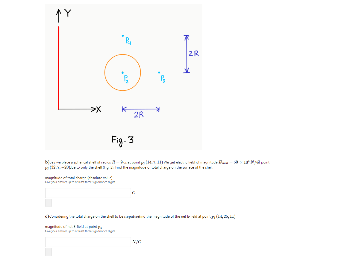 2R
K
2R
Fig. 3
b)Say we place a spherical shell of radius R = 9 cat point pa (14, 7, 11) We get electric field of magnitude Eshell = 50 x 104 N/6t point
pa (32, 7, –20)due to only the shell (Fig. 3). Find the magnitude of total charge on the surface of the shell.
magnitude of total charge (absolute value)
Give your answer up to at least three significance digits.
C
c)Considering the total charge on the shell to be negativefind the magnitude of the net E-field at point p4 (14, 25, 11)
magnitude of net E-field at point pa
Give your answer up to at least three significance digits.
N/C
