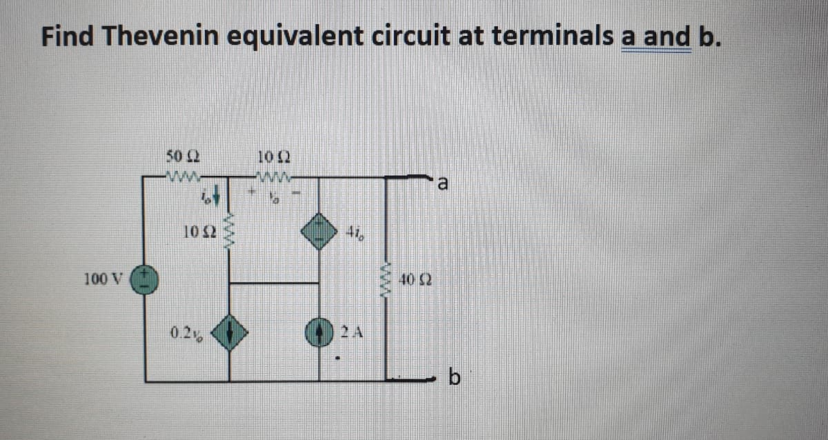 Find Thevenin equivalent circuit at terminals a and b.
50 C2
10 $2
1052
100 V
40 S2
0.2
2A
