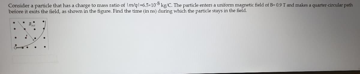 Consider a particle that has a charge to mass ratio of Im/ql=6.5x10-8 kg/C. The particle enters a uniform magnetic field of B= 0.9 T and makes a quarter-circular path
before it exits the field, as shown in the figure. Find the time (in ns) during which the particle stays in the field.
B.
