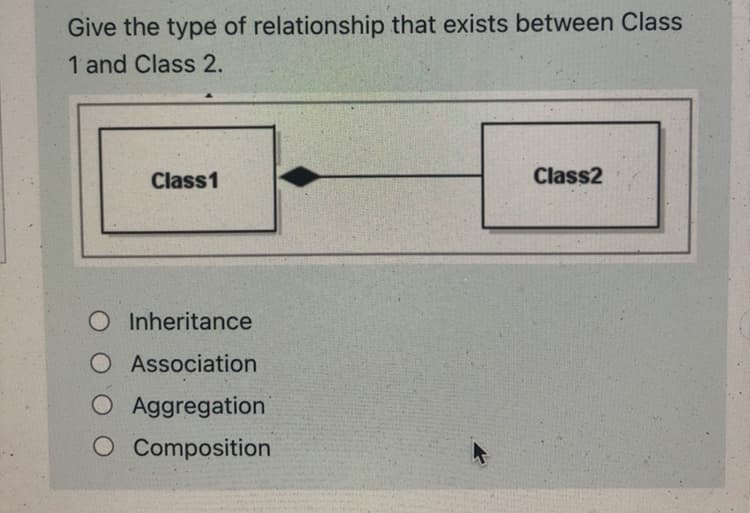 Give the type of relationship that exists between Class
1 and Class 2.
Class1
Class2
O Inheritance
O Association
O Aggregation
O Composition
