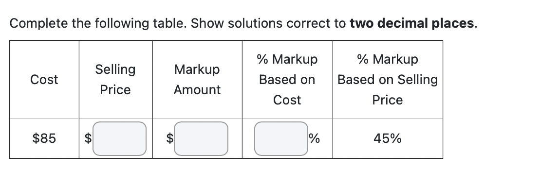 Complete the following table. Show solutions correct to two decimal places.
% Markup
Based on Selling
Price
Cost
$85
Selling
Price
Markup
Amount
% Markup
Based on
Cost
%
45%