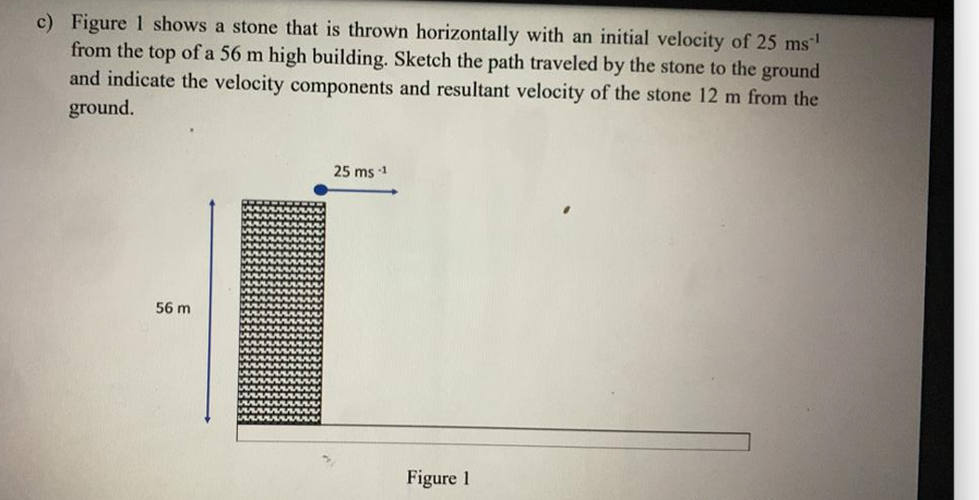 c) Figure 1 shows a stone that is thrown horizontally with an initial velocity of 25 ms
from the top of a 56 m high building. Sketch the path traveled by the stone to the ground
and indicate the velocity components and resultant velocity of the stone 12 m from the
ground.
25 ms 1
56 m
Figure 1
