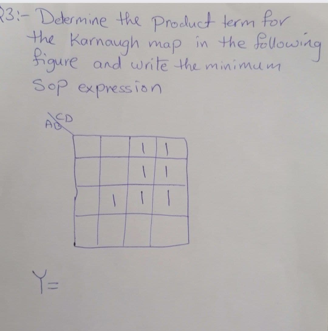 23:- Determine the product term for
the Karnaugh map in the follow
figure and write the minimum
Sop expression
CD
1 1
Y=