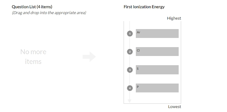 Question List (4 items)
(Drag and drop into the appropriate area)
No more
items
First lonization Energy
Ar
Highest
||||
Lowest