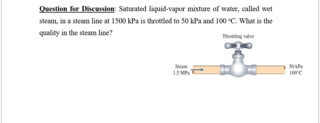 Question for Discussion: Saturated liquid-vapor mixture of water, called wet
steam, in a steam line at 1500 kPa is throttled to 50 kPa and 100 °C. What is the
quality in the steam line?
Throttling valve
Steam
1.5 MPa
50 kPa
100°C
