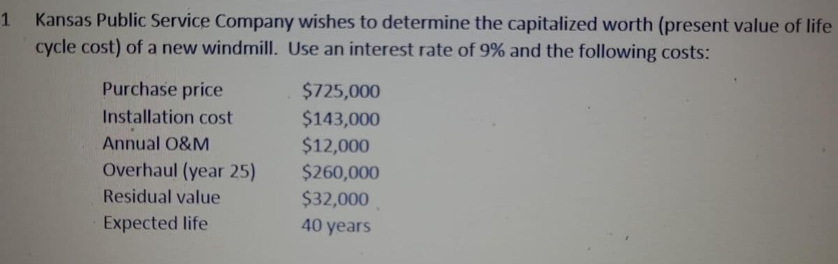 1
Kansas Public Service Company wishes to determine the capitalized worth (present value of life
cycle cost) of a new windmill. Use an interest rate of 9% and the following costs:
Purchase price
Installation cost
Annual O&M
Overhaul (year 25)
Residual value
Expected life
$725,000
$143,000
$12,000
$260,000
$32,000
40 years