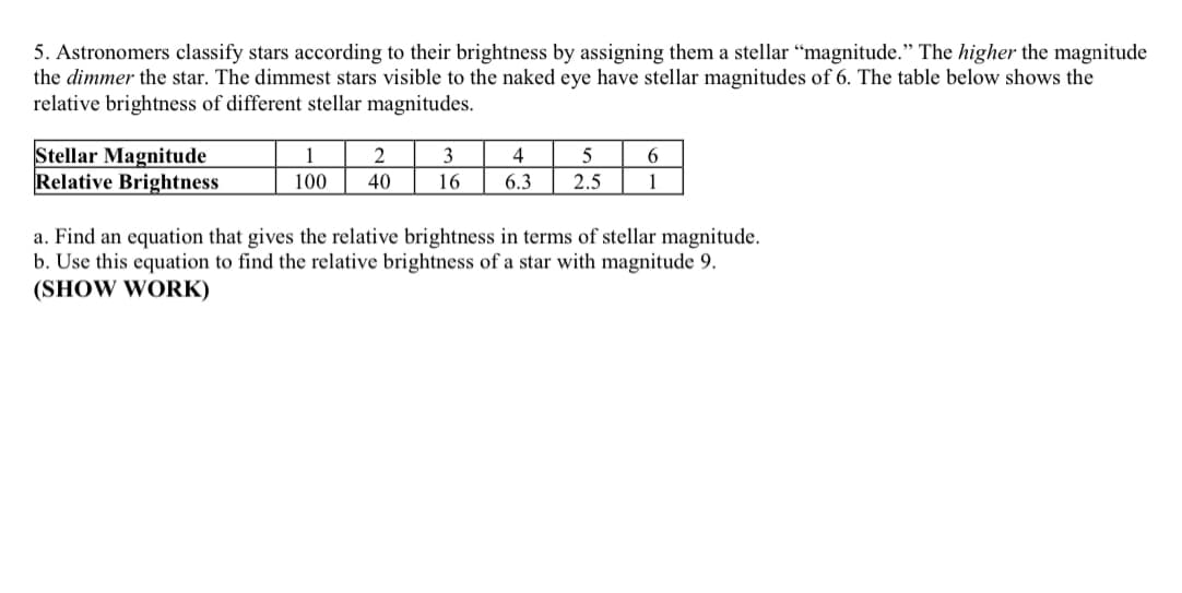 5. Astronomers classify stars according to their brightness by assigning them a stellar “magnitude." The higher the magnitude
the dimmer the star. The dimmest stars visible to the naked eye have stellar magnitudes of 6. The table below shows the
relative brightness of different stellar magnitudes.
Stellar Magnitude
Relative Brightness
1
2
3
4
100
40
16
6.3
2.5
1
a. Find an equation that gives the relative brightness in terms of stellar magnitude.
b. Use this equation to find the relative brightness of a star with magnitude 9.
(SHOW WORK)
