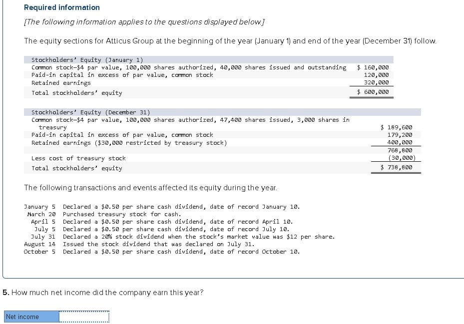 Required information
[The following information applies to the questions displayed below.]
The equity sections for Atticus Group at the beginning of the year (January 1) and end of the year (December 31) follow.
Stockholders' Equity (January 1)
Common stock-$4 par value, 100,000 shares authorized, 40,000 shares issued and outstanding
Paid-in capital in excess of par value, common stock
$ 160,000
120,000
320,000
$ 600,000
Retained earnings
Total stockholders' equity
Stockholders' Equity (December 31)
Common stock-$4 par value, 100,000 shares authorized, 47,400 shares issued, 3,000 shares in
treasury
Paid-in capital in excess of par value, common stock
Retained earnings ($30,000 restricted by treasury stock)
Less cost of treasury stock
Total stockholders' equity
The following transactions and events affected its equity during the year.
January 5
March 20
April 5
July 5
July 31.
August 14
October 5
Declared a $0.50 per share cash dividend, date of record January 10.
Purchased treasury stock for cash.
Declared a $0.50 per share cash dividend, date of record April 10.
Declared a $0.50 per share cash dividend, date of record July 10.
Declared a 20% stock dividend when the stock's market value was $12 per share.
Issued the stock dividend that was declared on July 31.
Declared a $0.50 per share cash dividend, date of record October 10.
$ 189,600
179,200
400,000
768,800
(30,000)
$ 738,800
5. How much net income did the company earn this year?
Net income