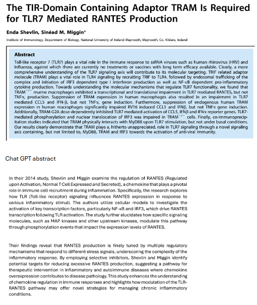 The TIR-Domain Containing Adaptor TRAM Is Required
for TLR7 Mediated RANTES Production
Enda Shevlin, Sinéad M. Miggin*
Institute of Immunology, Department of Biology, National University of Ireland Maynooth, Maynooth, Co. Kildare, Ireland
Abstract
Toll-like receptor 7 (TLR7) plays a vital role in the immune response to ssRNA viruses such as human rhinovirus (HRV) and
Influenza, against which there are currently no treatments or vaccines with long term efficacy available. Clearly, a more
comprehensive understanding of the TLR7 signaling axis will contribute to its molecular targeting. TRIF related adaptor
molecule (TRAM) plays a vital role in TLR4 signaling by recruiting TRIF to TLR4, followed by endosomal trafficking of the
complex and initiation of IRF3 dependent type I interferon production as well as NF-kB dependent pro-inflammatory
cytokine production. Towards understanding the molecular mechanisms that regulate TLR7 functionality, we found that
TRAM murine macrophages exhibited a transcriptional and translational impairment in TLR7 mediated RANTES, but not
TNFxx, production. Suppression of TRAM expression in human macrophages also resulted in an impairment in TLR7
mediated CCLS and IFN-ẞ, but not TNF, gene induction. Furthermore, suppression of endogenous human TRAM
expression in human macrophages significantly impaired RV16 induced CCLS and IFNẞ, but not TNF gene induction.
Additionally, TRAM-G2A dose-dependently inhibited TLR7 mediated activation of CCLS, IFNẞ and IFNx reporter genes. TLR7-
mediated phosphorylation and nuclear translocation of IRF3 was impaired in TRAM cells. Finally, co-immunoprecip-
itation studies indicated that TRAM physically interacts with MyD88 upon TLR7 stimulation, but not under basal conditions.
Our results clearly demonstrate that TRAM plays a, hitherto unappreciated, role in TLR7 signaling through a novel signaling
axis containing, but not limited to, MyD88, TRAM and IRF3 towards the activation of anti-viral immunity.
Chat GPT abstract
In their 2014 study, Shevlin and Miggin examine the regulation of RANTES (Regulated
upon Activation, Normal T Cell Expressed and Secreted), a chemokine that plays a pivotal
role in immune cell recruitment during inflammation. Specifically, the research explores
how TLR (Toll-like receptor) signaling influences RANTES expression in response to
various inflammatory stimuli. The authors utilize cellular models to investigate the
activation of key transcription factors, particularly NF-kB and IRF3, which drive RANTES
transcription following TLR activation. The study further elucidates how specific signaling
molecules, such as MAP kinases and other upstream kinases, modulate this pathway
through phosphorylation events that impact the expression levels of RANTES.
Their findings reveal that RANTES production is finely tuned by multiple regulatory
mechanisms that respond to different stress signals, underscoring the complexity of the
inflammatory response. By employing selective inhibitors, Shevlin and Miggin identify
potential targets for reducing excessive RANTES production, suggesting a pathway for
therapeutic intervention in inflammatory and autoimmune diseases where chemokine
overexpression contributes to disease pathology. This study enhances the understanding
of chemokine regulation in immune responses and highlights how modulation of the TLR-
RANTES pathway may offer novel strategies for managing chronic inflammatory
conditions.