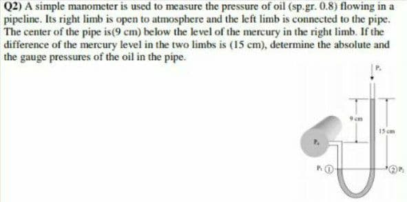 Q2) A simple manometer is used to measure the pressure of oil (sp.gr. 0.8) flowing in a
pipeline. Its right limb is open to atmosphere and the left limb is connected to the pipe.
The center of the pipe is(9 cm) below the level of the mercury in the right limb. If the
difference of the mercury level in the two limbs is (I5 cm), determine the absolute and
the gauge pressures of the oil in the pipe.
15 cm
