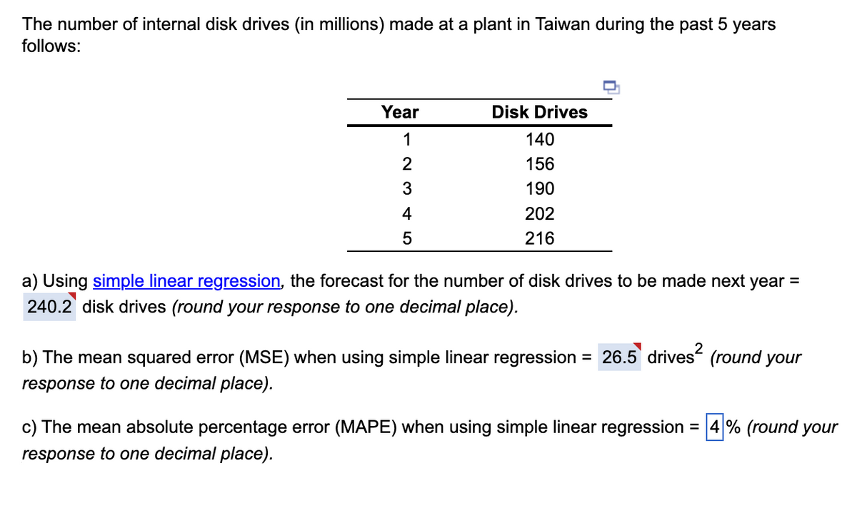 The number of internal disk drives (in millions) made at a plant in Taiwan during the past 5 years
follows:
Year
1
2
3
4
5
Disk Drives
140
156
190
202
216
a) Using simple linear regression, the forecast for the number of disk drives to be made next year =
240.2 disk drives (round your response to one decimal place).
b) The mean squared error (MSE) when using simple linear regression
response to one decimal place).
= 26.5 drives² (round your
c) The mean absolute percentage error (MAPE) when using simple linear regression = 4% (round your
response to one decimal place).