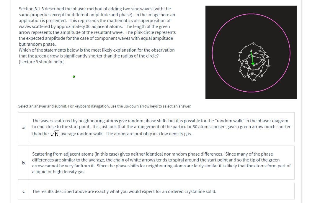 Section 3.1.3 described the phasor method of adding two sine waves (with the
same properties except for different amplitude and phase). In the image here an
application is presented. This represents the mathematics of superposition of
waves scattered by approximately 30 adjacent atoms. The length of the green
arrow represents the amplitude of the resultant wave. The pink circle represents
the expected amplitude for the case of component waves with equal amplitude
but random phase.
Which of the statements below is the most likely explanation for the observation
that the green arrow is significantly shorter than the radius of the circle?
(Lecture 9 should help.)
Select an answer and submit. For keyboard navigation, use the up/down arrow keys to select an answer.
a
b
O
с
The waves scattered by neighbouring atoms give random phase shifts but it is possible for the "random walk" in the phasor diagram
to end close to the start point. It is just luck that the arrangement of the particular 30 atoms chosen gave a green arrow much shorter
than the N average random walk. The atoms are probably in a low density gas.
Scattering from adjacent atoms (in this case) gives neither identical nor random phase differences. Since many of the phase
differences are similar to the average, the chain of white arrows tends to spiral around the start point and so the tip of the green
arrow cannot be very far from it. Since the phase shifts for neighbouring atoms are fairly similar it is likely that the atoms form part of
a liquid or high density gas.
The results described above are exactly what you would expect for an ordered crystalline solid.