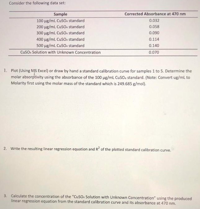 Consider the following data set:
Sample
Corrected Absorbance at 470 nm
100 ug/ml CuSO. standard
0.032
200 µg/ml Cuso. standard
0.058
300 ug/ml CusO. standard
400 µg/ml CuSO. standard
0.090
0.114
500 ug/ml CusO standard
0.140
CusO. Solution with Unknown Concentration
0.070
1. Plot (Using MS Excel) or draw by hand a standard calibration curve for samples 1 to 5. Determine the
molar absorptivity using the absorbance of the 100 ug/ml Cuso, standard. (Note: Convert ug/ml to
Molarity first using the molar mass of the standard which is 249.685 g/mol).
2. Write the resulting linear regression equation and R of the plotted standard calibration curve.
3. Calculate the concentration of the "CuSO. Solution with Unknown Concentration" using the produced
linear regression equation from the standard calibration curve and its absorbance at 470 nm.
