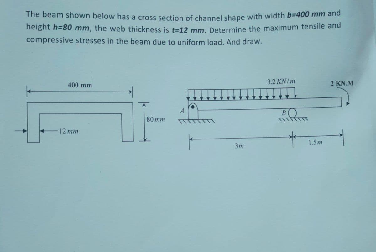 The beam shown below has a cross section of channel shape with width b=400 mm and
neight h=80 mm, the web thickness is t=12 mm. Determine the maximum tensile and
compressive stresses in the beam due to uniform load. And draw.
400 mm
3.2 KN/ m
2 KN.M
BO
80 mm
12 mm
1.5m
3m
