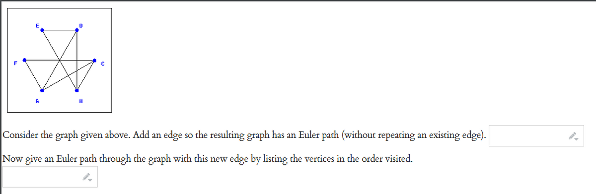 G
H
è so the resulting graph has an Euler path (without repeating an existing edge).
Consider the graph given above. Add an edge :
Now give an Euler path through the graph with this new edge by listing the vertices in the order visited.