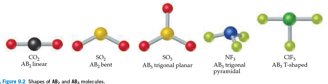 CO2
AB, linear
SO2
AB, bent
SO3
AB3 trigonal planar
NF3
AB3 trigonal
pyramidal
CIF3
AB3 T-shaped
Figure 9.2 Shapes of AB, and AB, molec ules.
