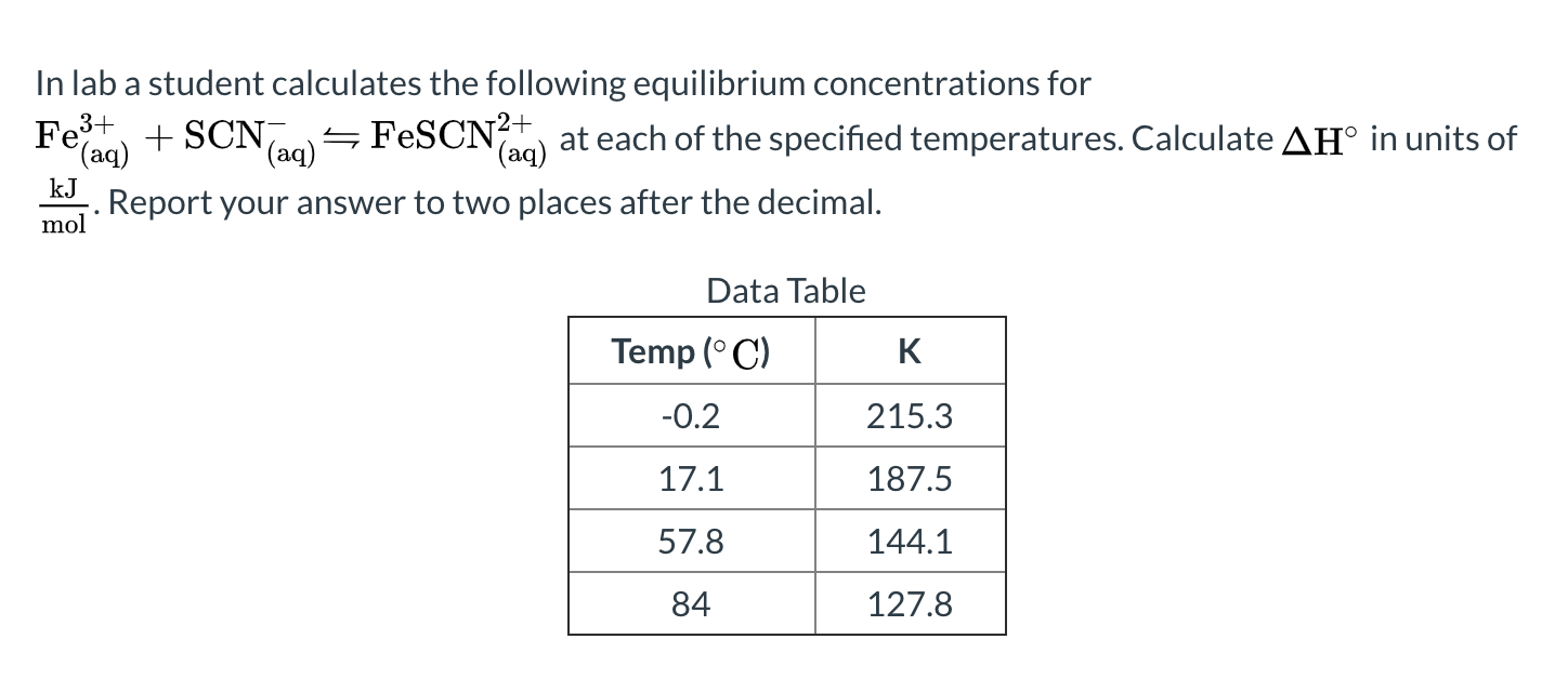 Fe3+
(aq)
In lab a student calculates the following equilibrium concentrations for
FESCN?+
+ SCN.
(aq)
at each of the specified temperatures. Calculate AH° in units of
(aq)
kJ
Report your answer to two places after the decimal.
mol
Data Table
Temp (° C)
-0.2
215.3
17.1
187.5
57.8
144.1
84
127.8
