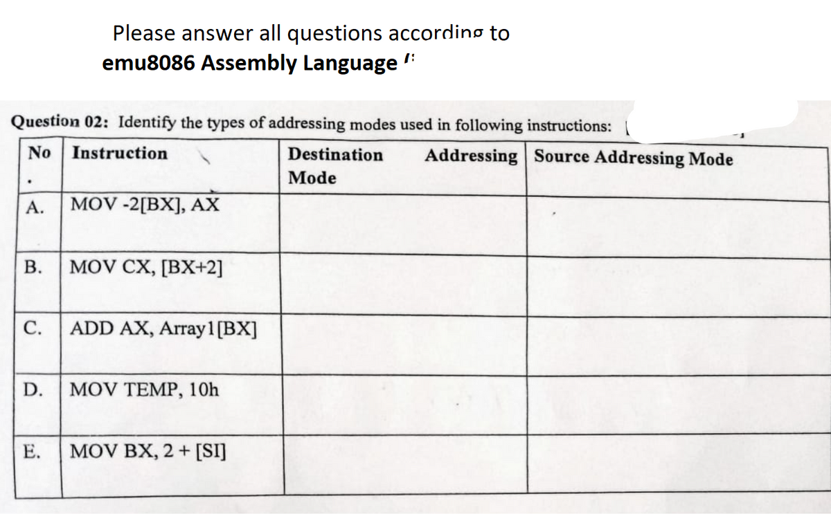 A.
Question 02: Identify the types of addressing modes used in following instructions:
Addressing Source Addressing Mode
No Instruction
B.
C.
D.
Please answer all questions according to
emu8086 Assembly Language
E.
MOV-2[BX], AX
MOV CX, [BX+2]
ADD AX, Array 1 [BX]
MOV TEMP, 10h
MOV BX, 2 + [SI]
18
Destination
Mode