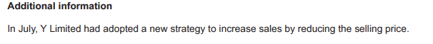 Additional information
In July, Y Limited had adopted a new strategy to increase sales by reducing the selling price.